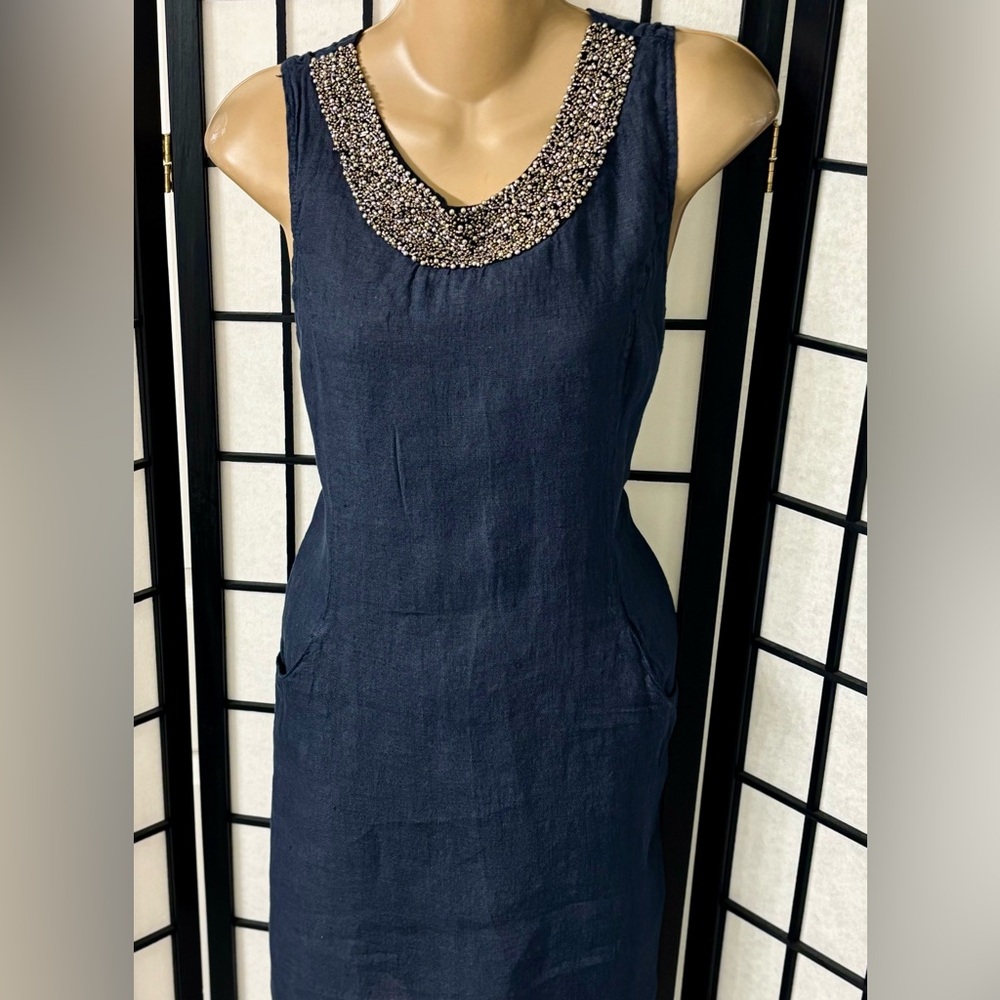 LINA TOMEI Navy  Linen Knee Length Dress. | Sleeveless |Embellished |   MED |